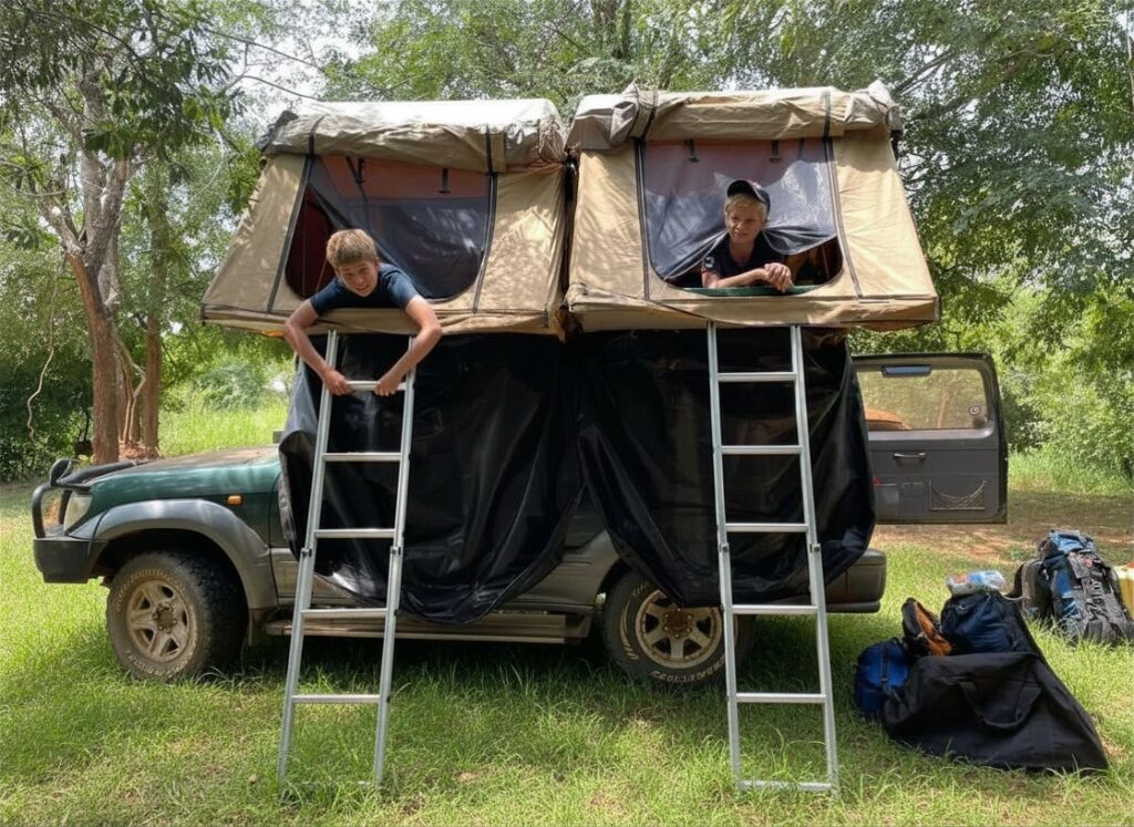 land cruiser TX with two rooftop tents